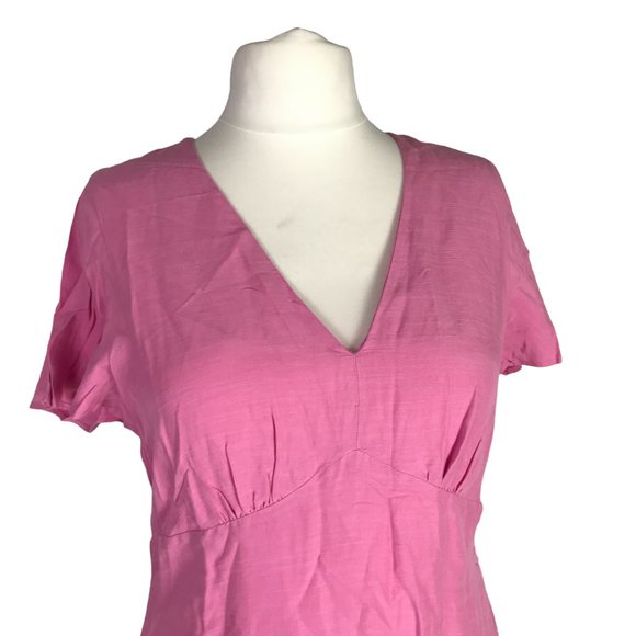 Whistles Linen Mix Midi Dress Pink Size 16 Frill Sleeves Empire Waist - Picture 6 of 14